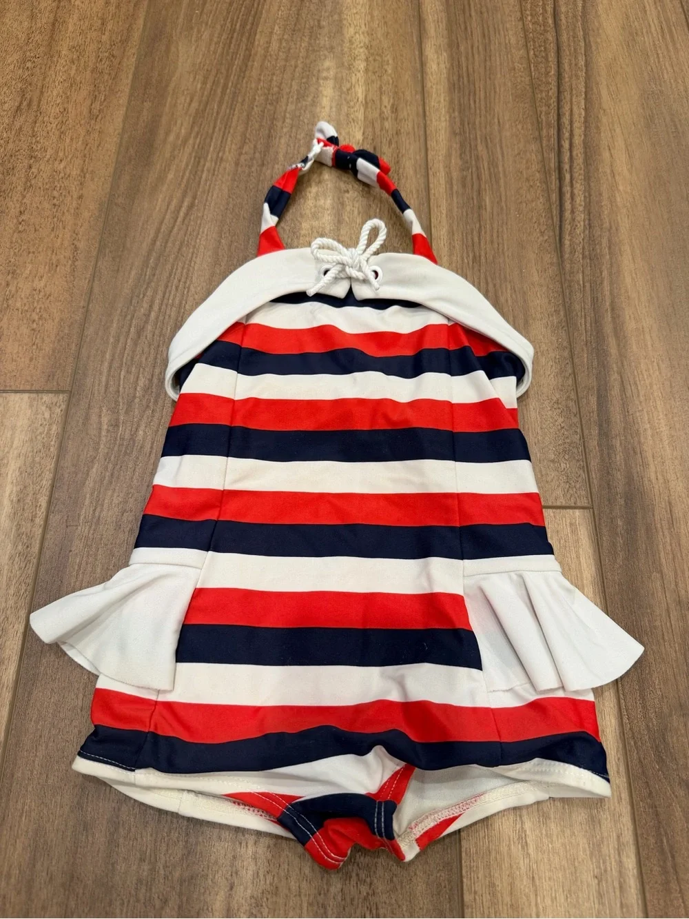 Jack and Jane - Girls Nautical Red Navy White Striped One-Piece Swimsuit